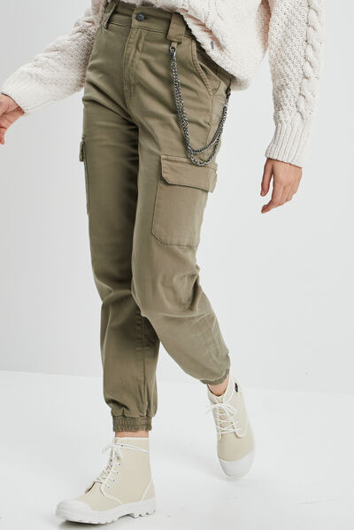 Pantalon cargo avec chaîne vert kaki femme