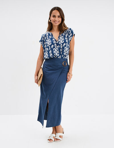 Jupe midi portefuille avec boucle bleu foncé femme