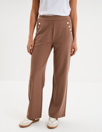 Pantalon droit &agrave; pont taille &eacute;lastiqu&eacute;e marron clair femme