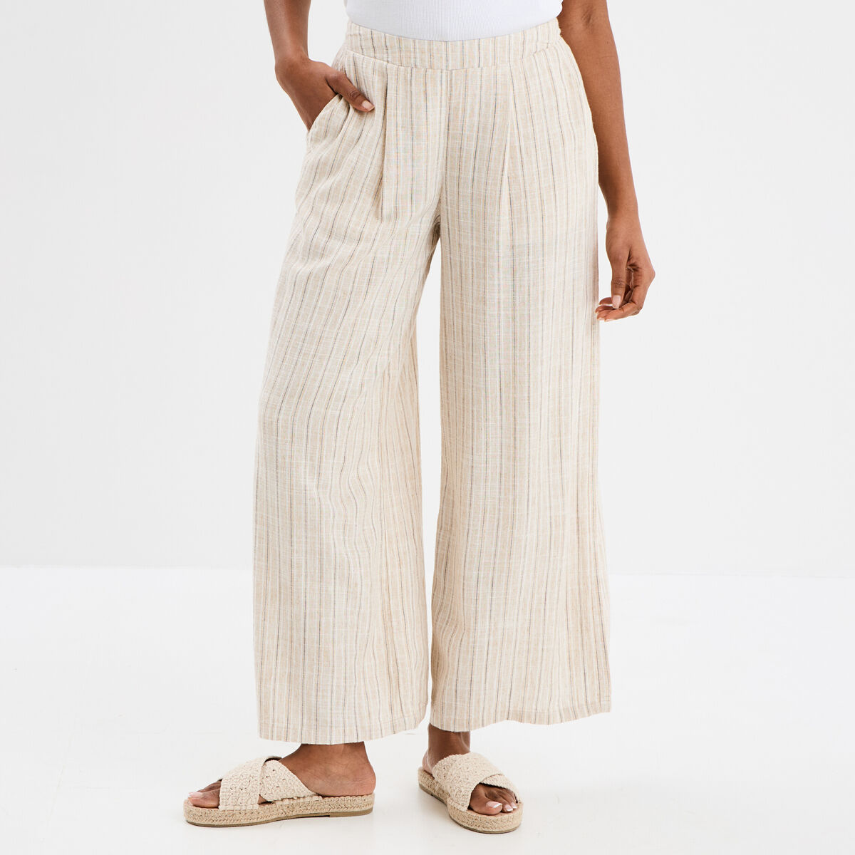 Pantalon large élastiqué en lin mélangé beige femme