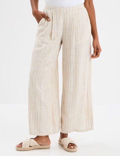 Pantalon large élastiqué en lin mélangé beige femme