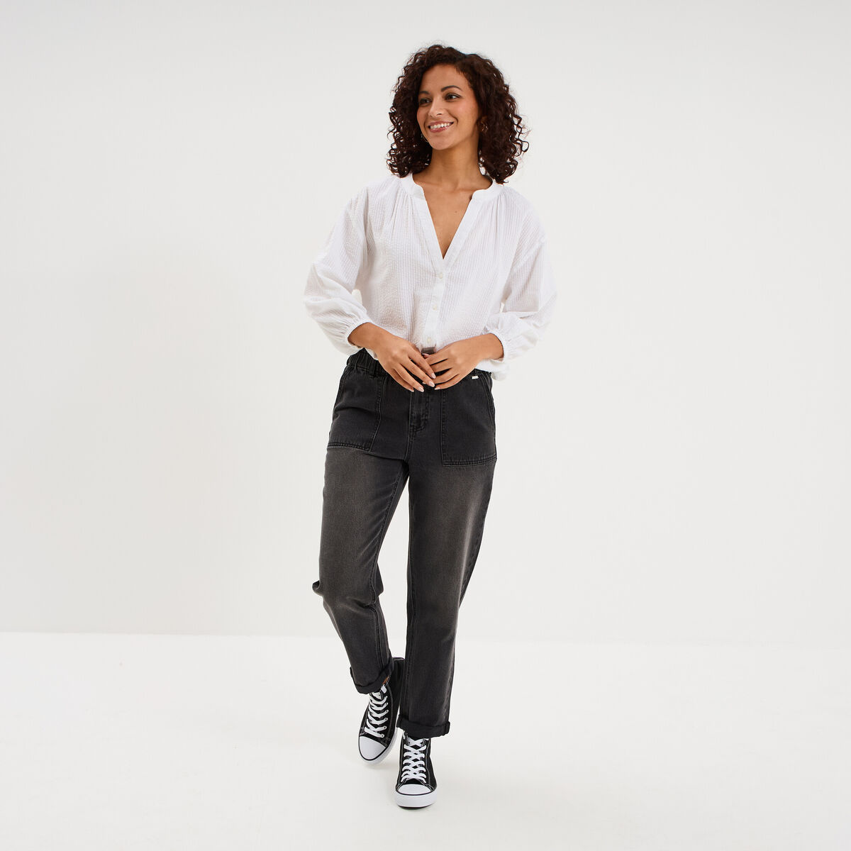 Blouse col tunisien manches 3/4 coton blanc femme