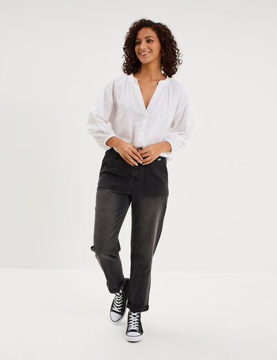 Blouse col tunisien manches 3/4 coton blanc femme