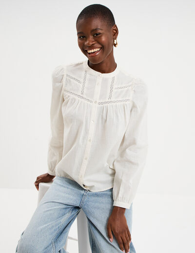 Blouse droite manches longues coton ecru femme