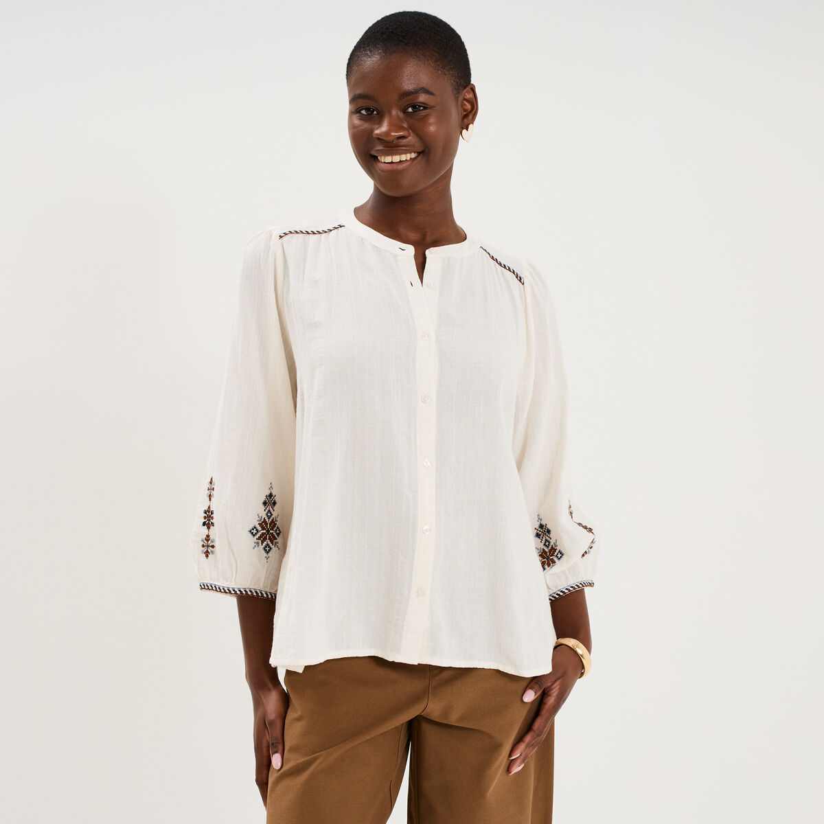 Blouse brod&eacute;e oversize manches 3/4 ecru femme