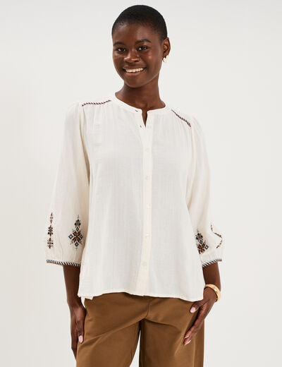 Blouse brod&eacute;e oversize manches 3/4 ecru femme