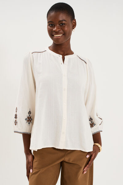 Blouse brod&eacute;e oversize manches 3/4 ecru femme