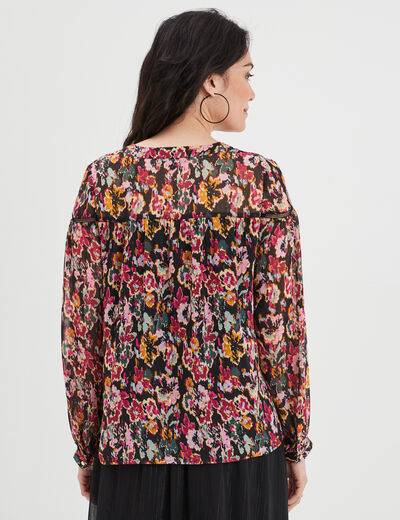 Blouse crêpe col cordons à nouer noir femme