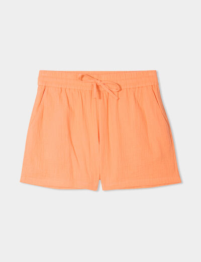 Short taille élastiquée gaze de coton orange corail femme