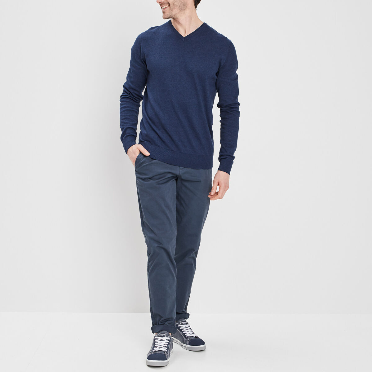 Pull jersey avec col en V bleu marine homme