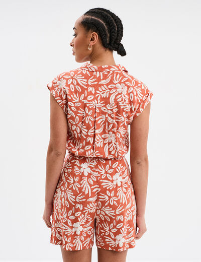 Combishort ceintur&eacute;e lin m&eacute;lang&eacute; terracotta femme