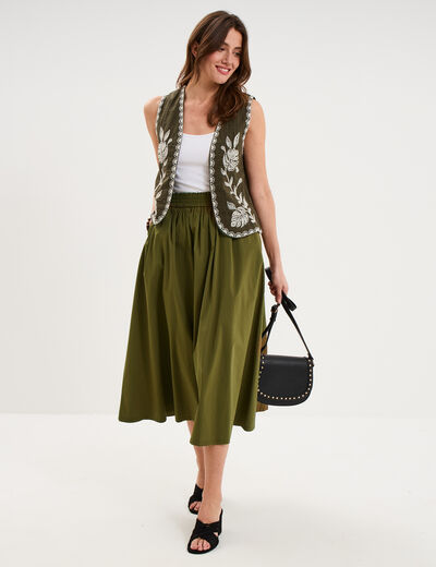 Gilet sans manches brod&eacute; gaze de coton vert kaki femme