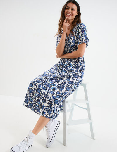 Robe longue empire taille smock&eacute;e blanc femme