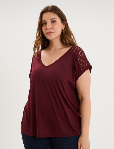 T-shirt droit avec dos dentelle oversize violet fonc&eacute; femme grande taille