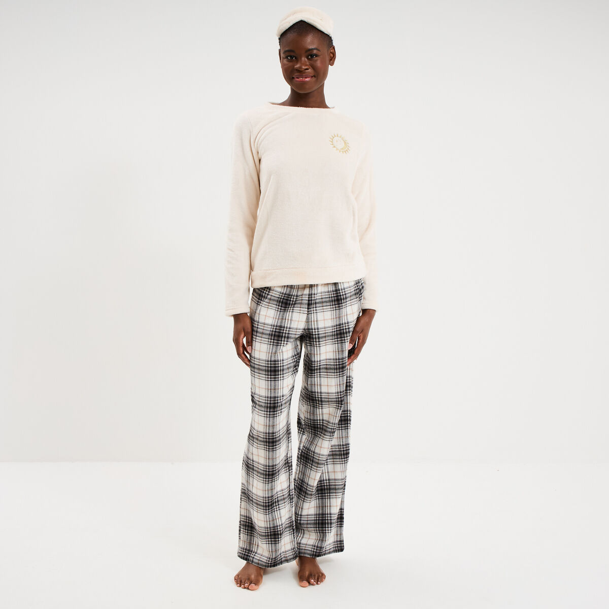 Ensemble pyjama effet polaire 3 pi&egrave;ces blanc femme
