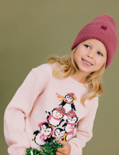 Pull Noël détails sequins et grelot rose clair fille