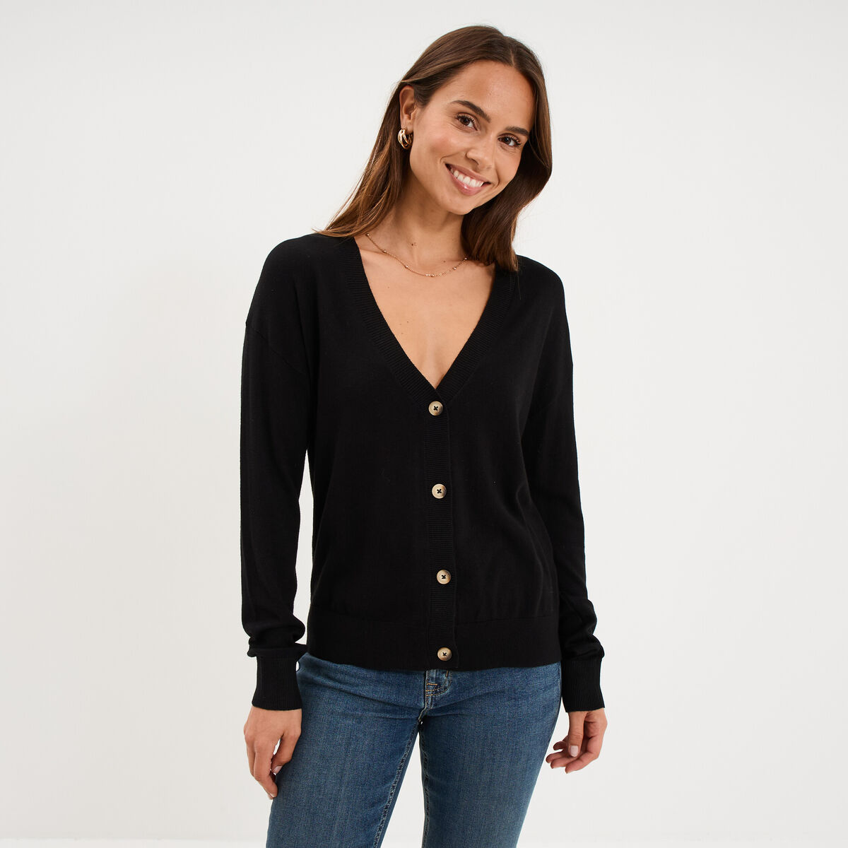 Gilet col en V boutonn&eacute; noir femme