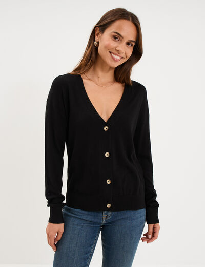 Gilet col en V boutonn&eacute; noir femme