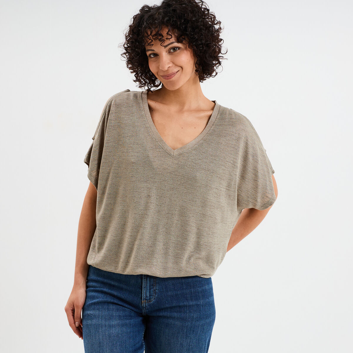 T-shirt épaules ouvertes col en V vert kaki femme