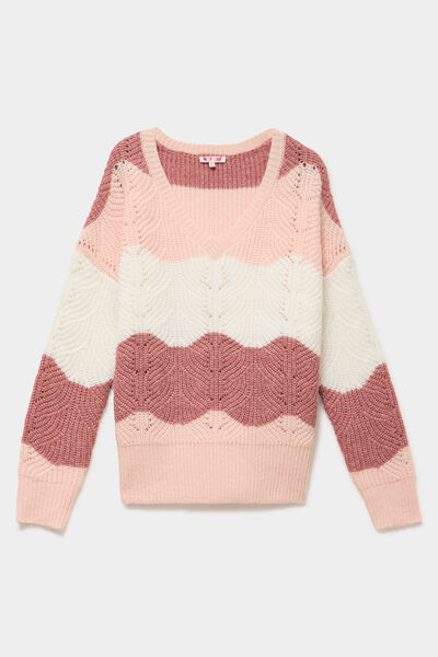 Pull col V ajour&eacute; manches longues rose clair femme
