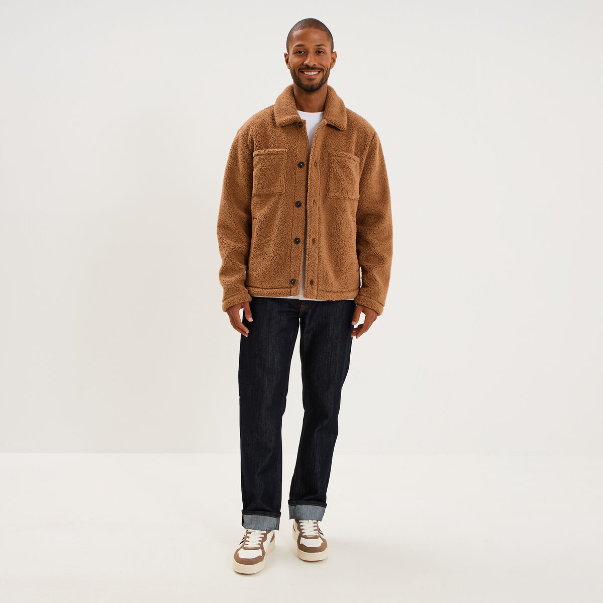 Veste sherpa polaire boutonn&eacute;e marron homme
