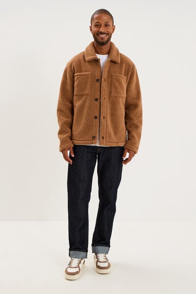 Veste sherpa polaire boutonn&eacute;e marron homme