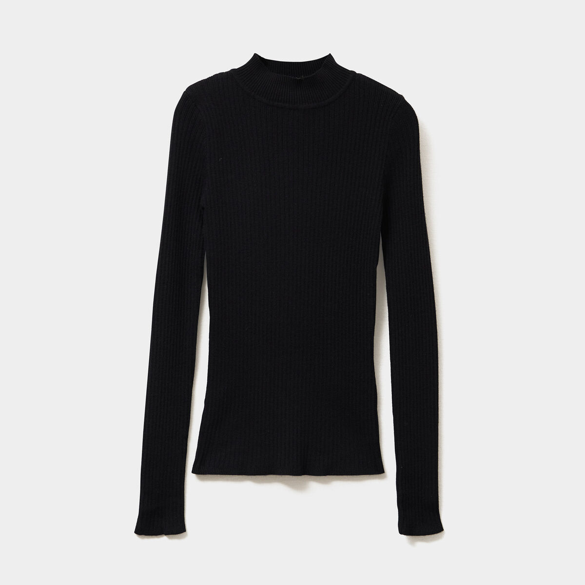 Pull ajusté côtelé col montant noir femme