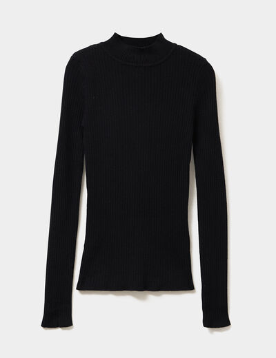 Pull ajusté côtelé col montant noir femme