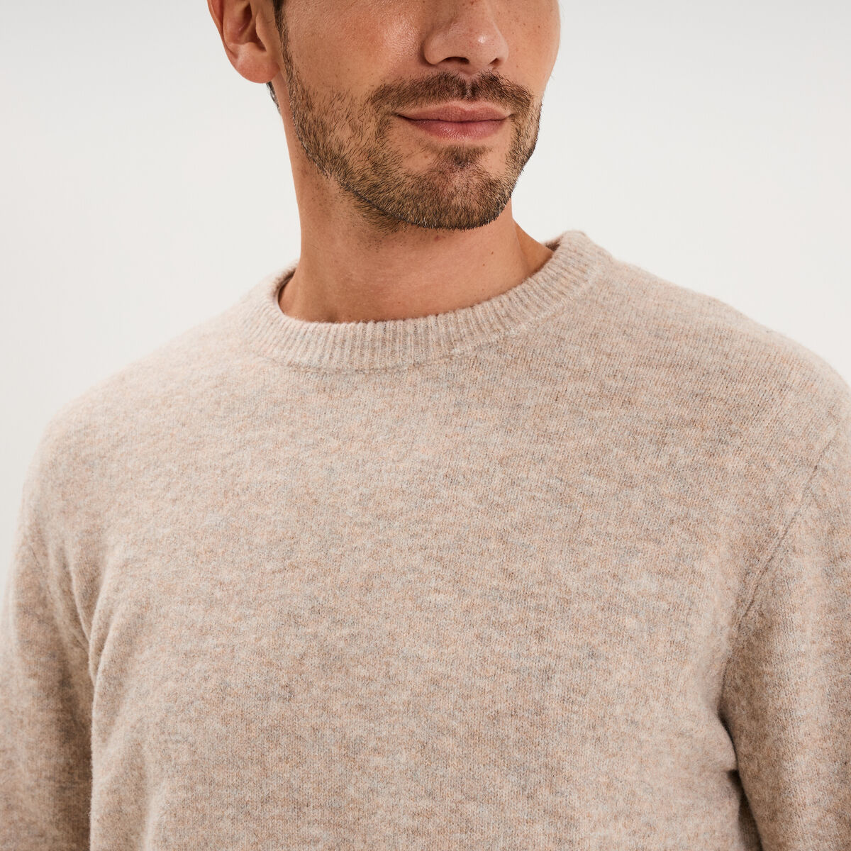 Pull col rond manches longues taupe homme