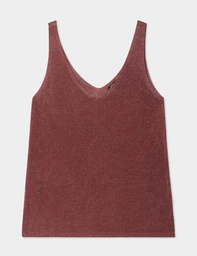 Débardeur maille col en V marron cognac femme