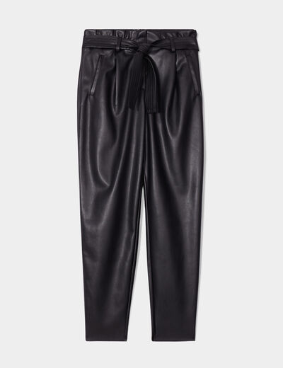 Pantalon simili cuir paperbag noir femme