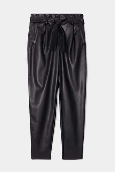 Pantalon simili cuir paperbag noir femme