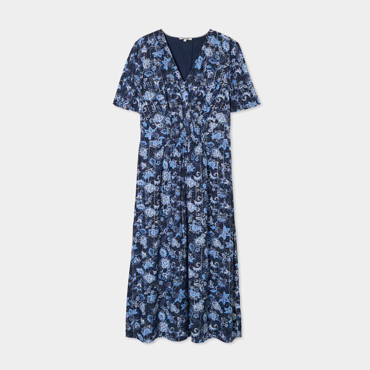 Robe longue empire taille smockée Creeks bleu marine femme