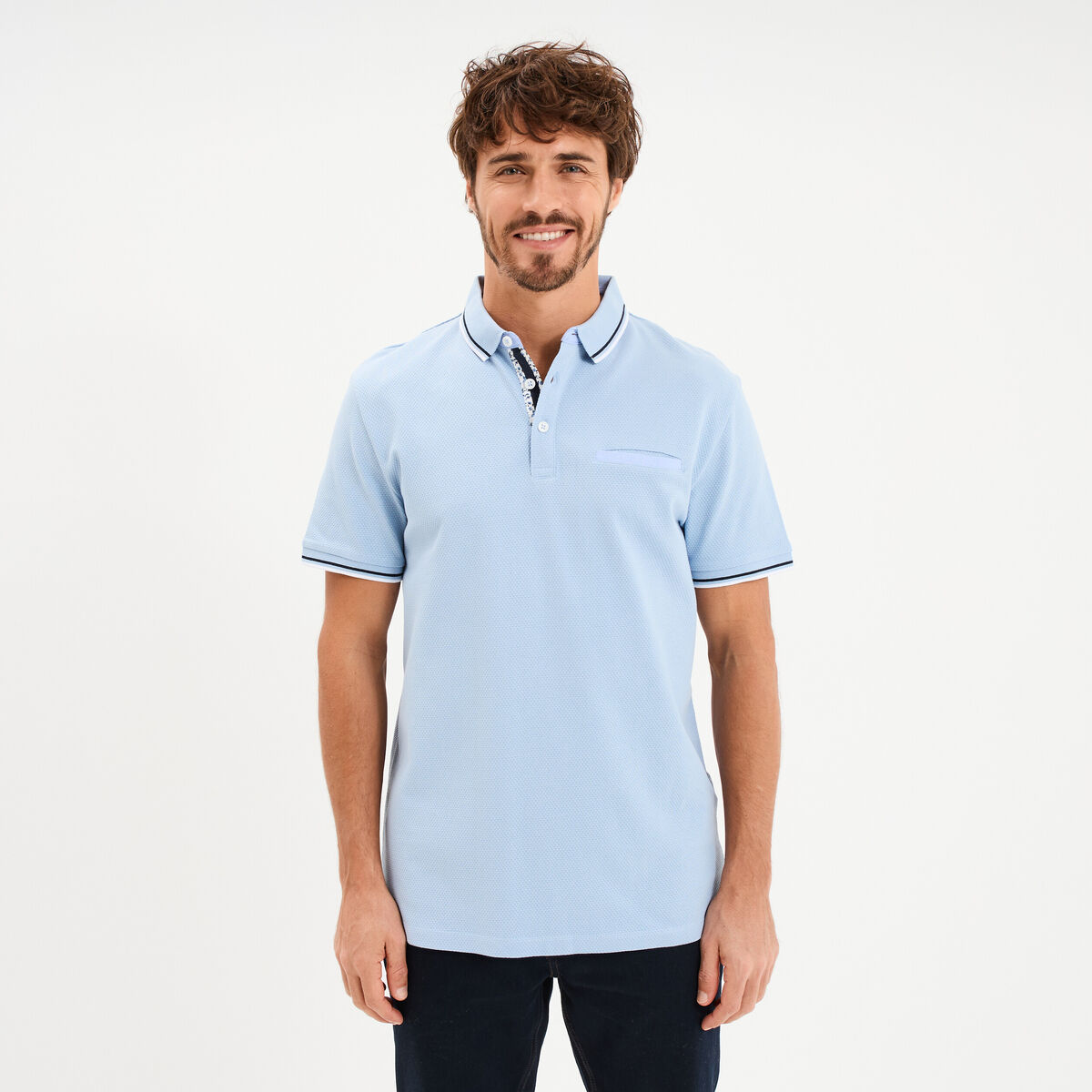 Polo piqu&eacute; manches courtes coton bleu ciel homme