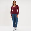 T-shirt coton col rond manches longues bordeaux femme