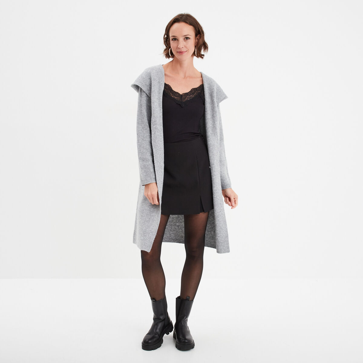 Gilet long à capuche manches longues gris femme