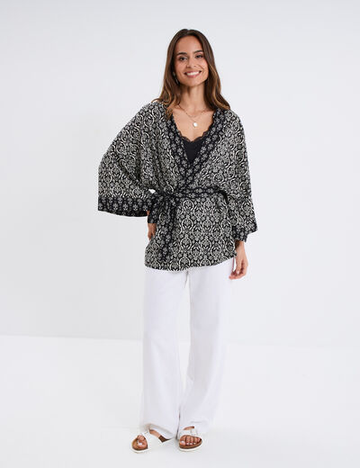 Veste kimono manches 3/4 noir femme