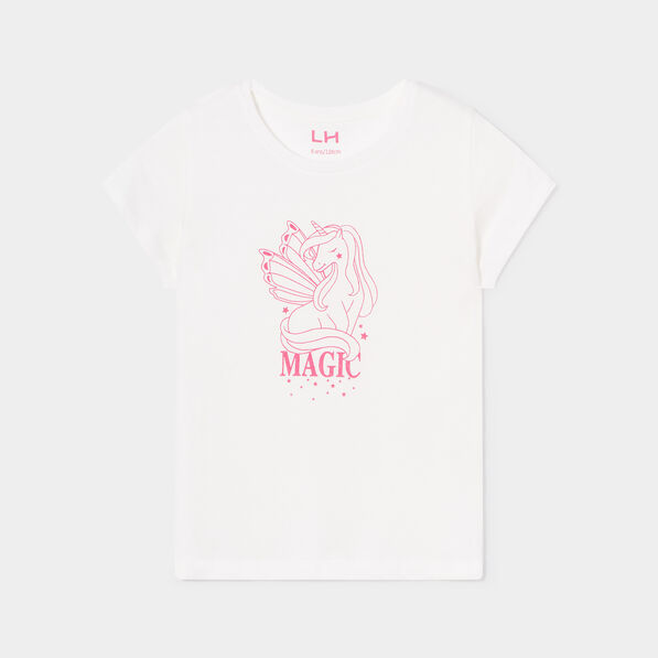 T-shirt col rond manches courtes coton ivoire fille