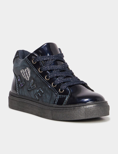 Baskets montantes zippées vernies bleu marine fille