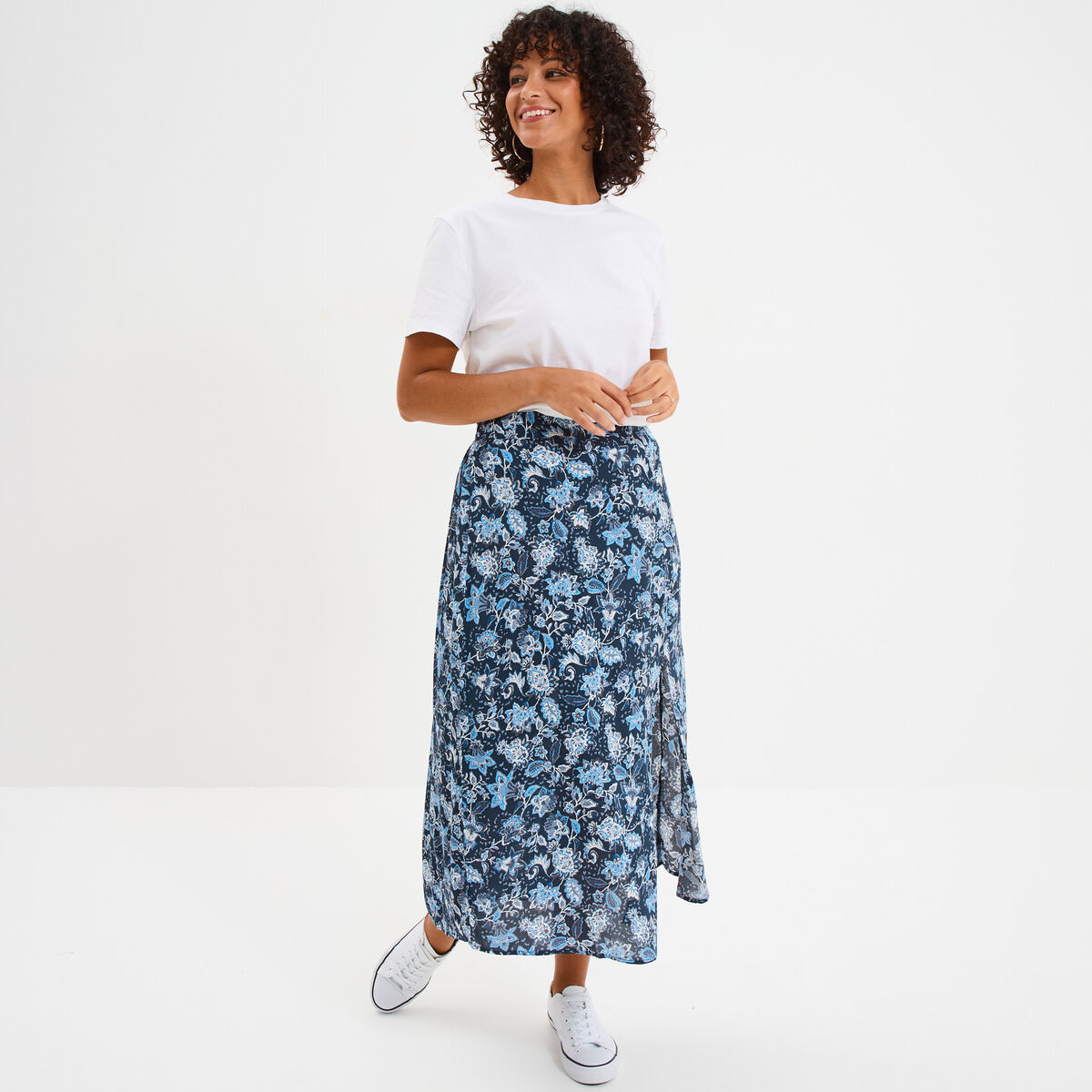 Jupe longue fendue fluide bleu marine femme