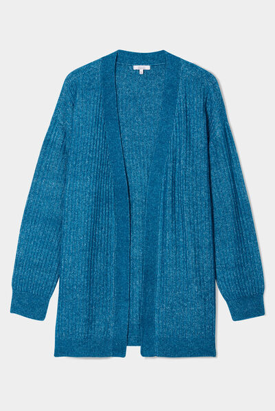 Gilet long côtelé col châle bleu canard femme grande taille