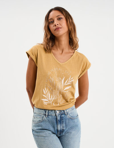 T-shirt coton col en V manches courtes beige moyen femme