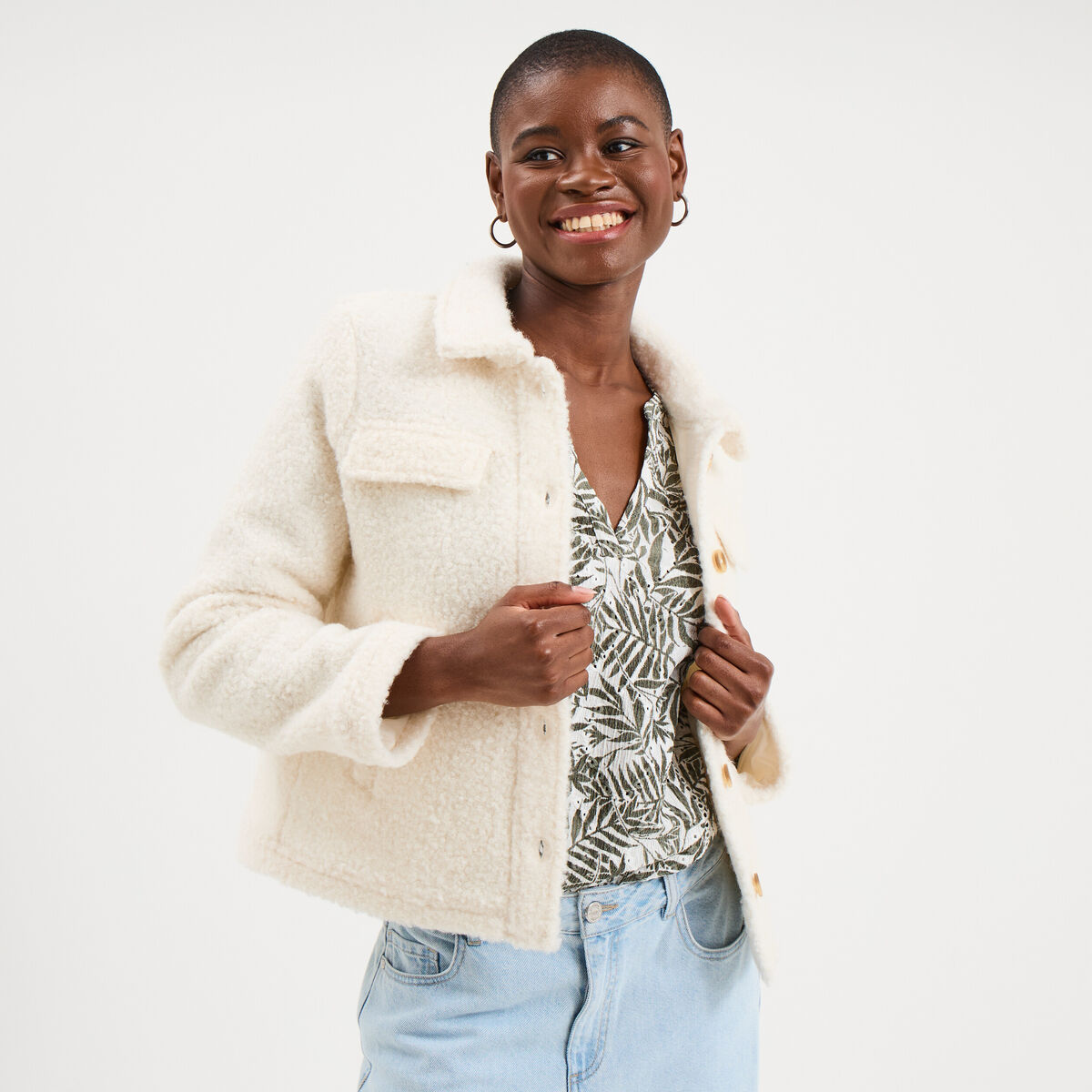 Veste courte droite effet bouclette blanc femme