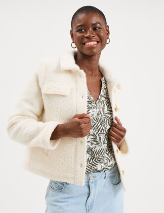 Veste courte droite effet bouclette blanc femme