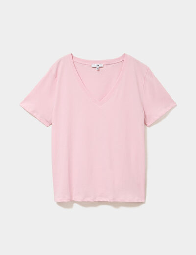 T-shirt manches courtes col en V coton rose clair femme