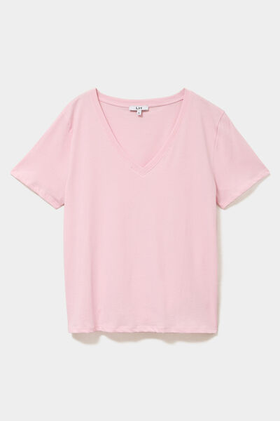 T-shirt manches courtes col en V coton rose clair femme