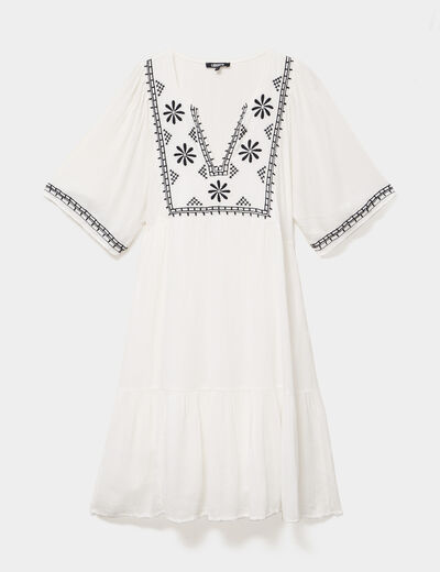 Robe fluide brod&eacute;e manches courtes blanc femme