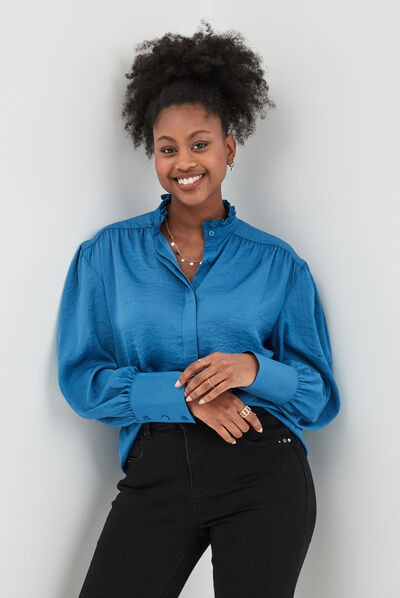 Blouse col montant manches bouffantes bleu femme