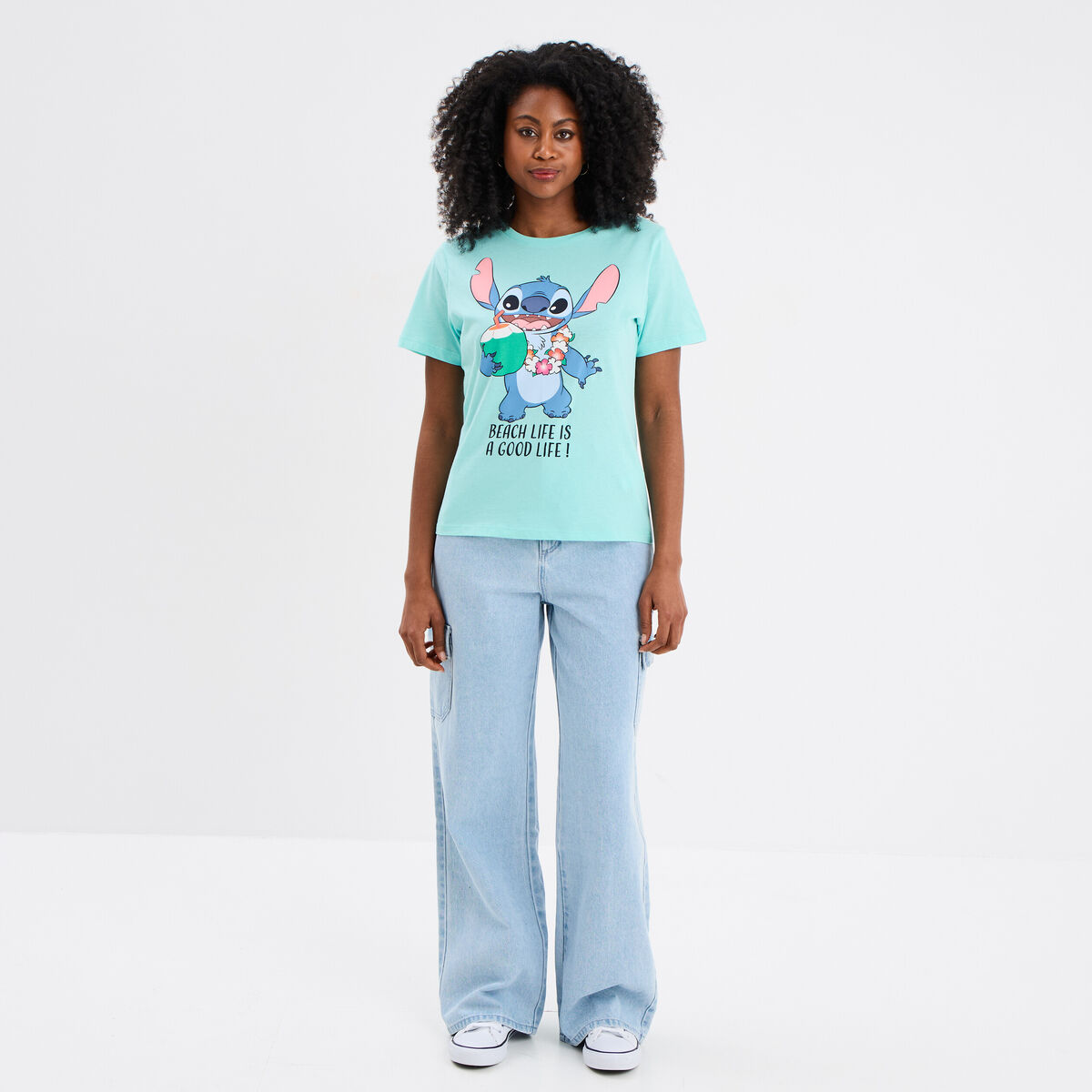 T-shirt col rond manches courtes Stitch vert turquoise femme