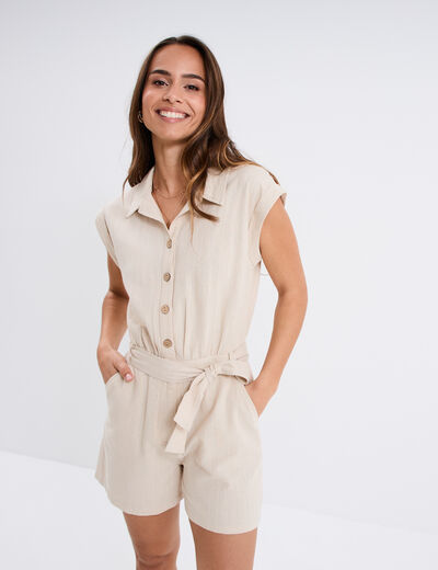 Combishort col chemise ceintur&eacute;e beige femme